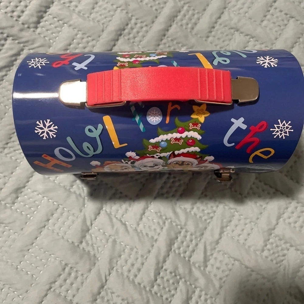 Paw Patrol Blue Holiday Round Top Tin Carry-All Lunch Box 7x6x4 Inch New